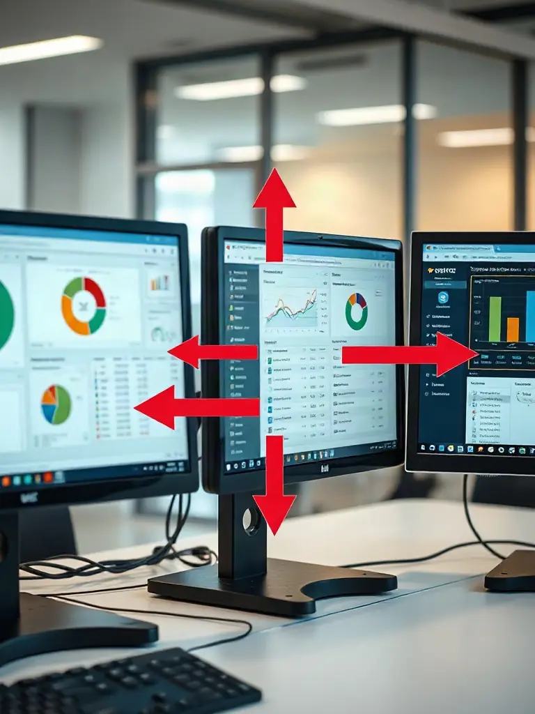 A visual of disconnected software applications on separate screens, with arrows failing to connect, symbolizing fragmented business systems and lack of integration.