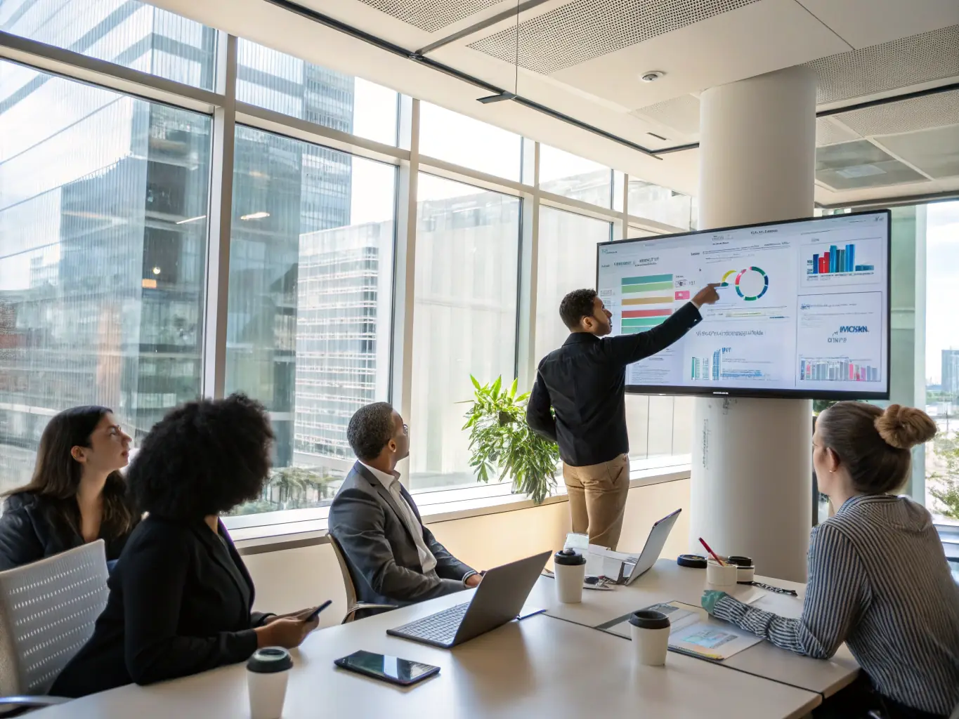 A business team reviewing AI-powered dashboards on large monitors, with visualizations of automated workflows and performance metrics, illustrating the impact of AI and automation in a corporate setting.