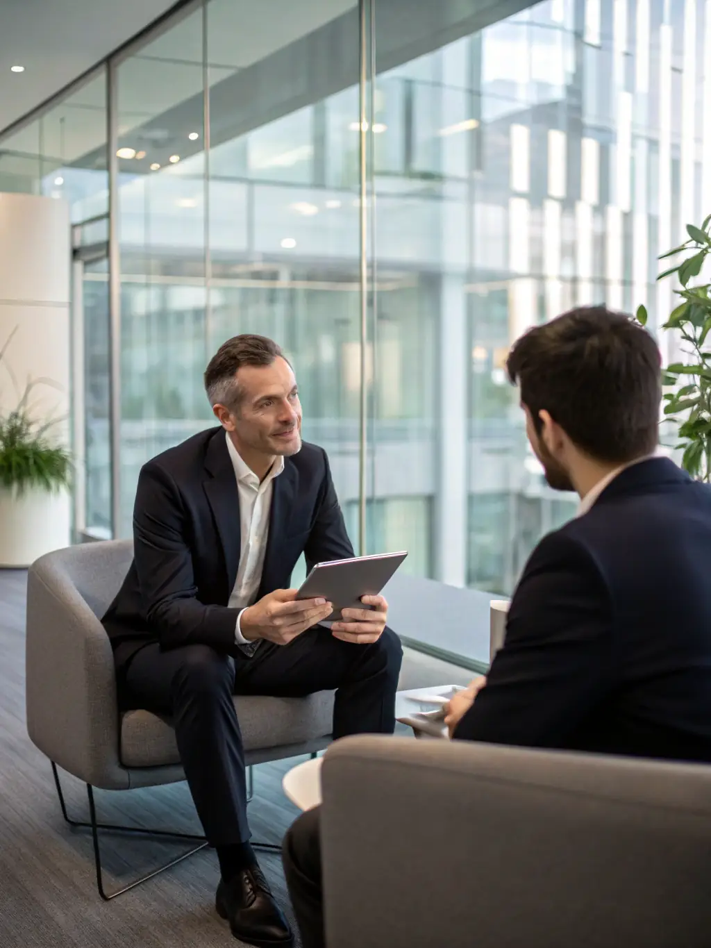 A professional consultant in business attire meeting with a client in a modern office, reviewing process diagrams and practical solution roadmaps, conveying a hands-on, results-driven approach.