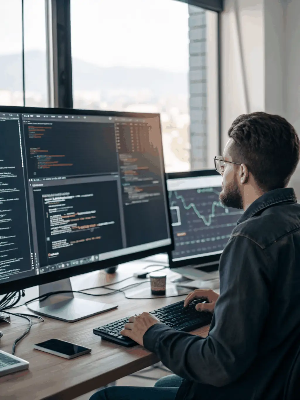 A close-up of a developer working on a laptop with Microsoft Azure and Office 365 interfaces visible, highlighting certified expertise and technical depth.