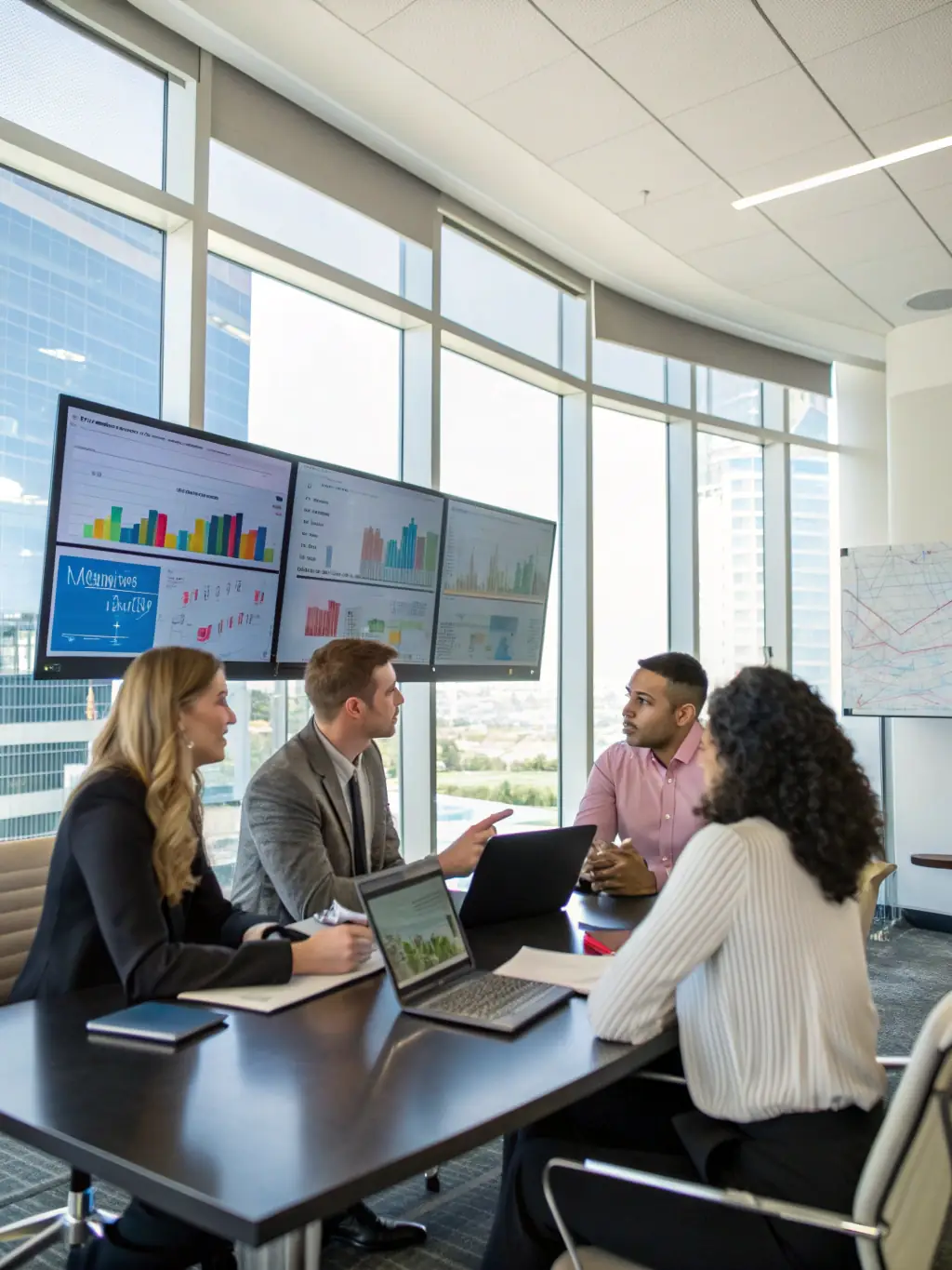 A leadership team reviewing an AI adoption roadmap, focusing on compliance and risk management, emphasizing safe and practical implementation in a corporate setting.