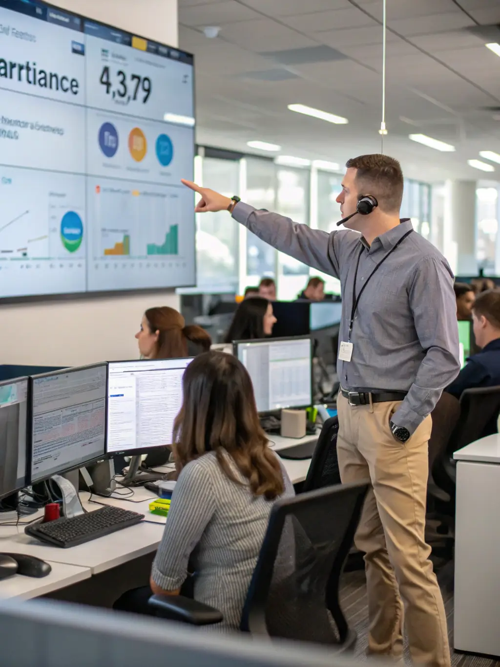 A business operations manager surrounded by paperwork and spreadsheets, looking frustrated while manually entering data into multiple systems in a modern office environment.