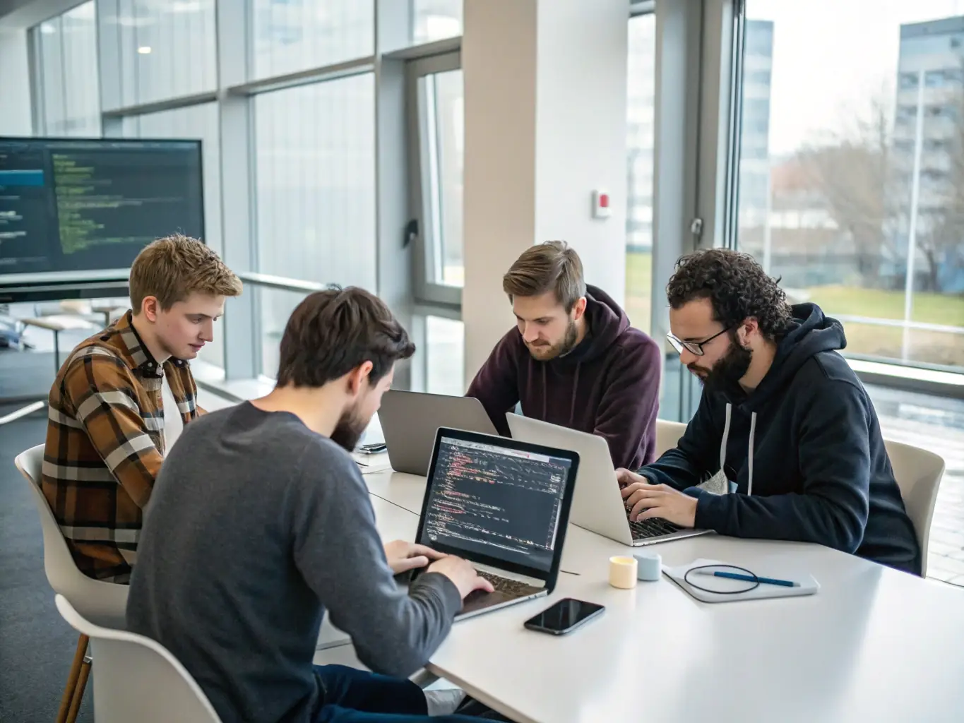A professional team of software engineers and business clients collaborating in a modern office, with large screens displaying custom application interfaces and code, representing bespoke software development for enterprise clients.