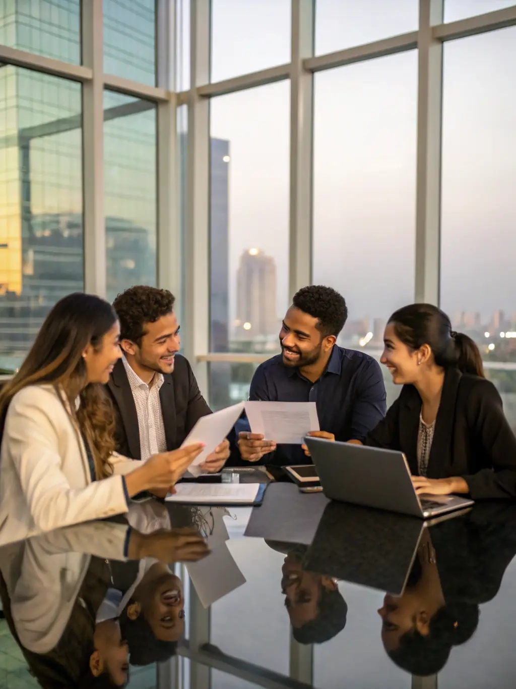 A group of consultants and business leaders collaborating around a conference table, analyzing business workflows and discussing operational improvements.