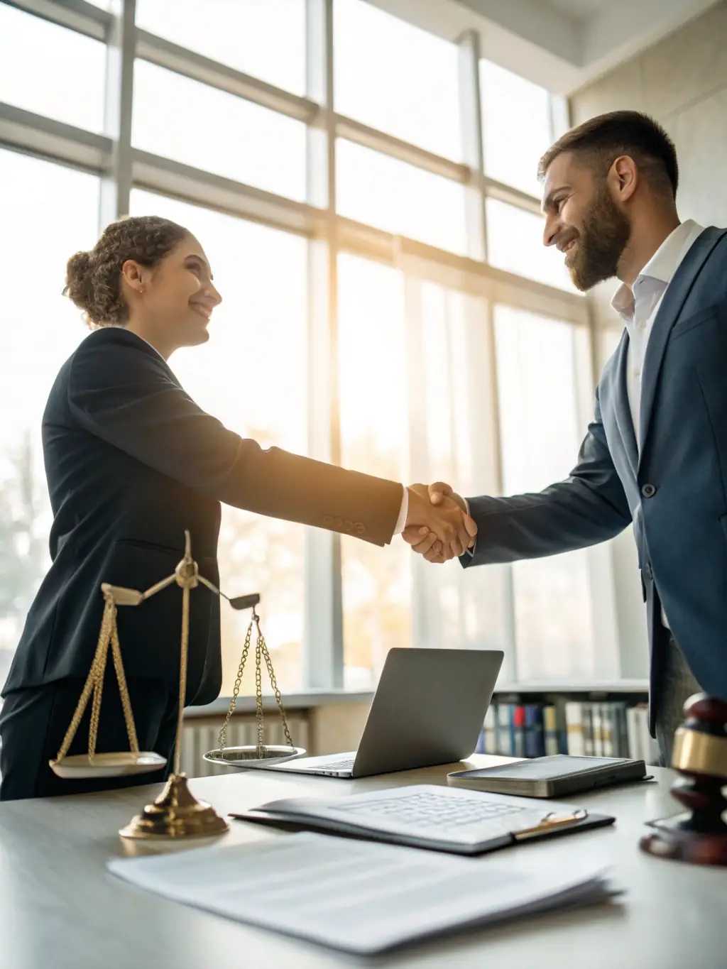 A handshake between a consultant and a client in a bright office, with project plans and delivery milestones visible in the background, symbolizing trust and partnership.
